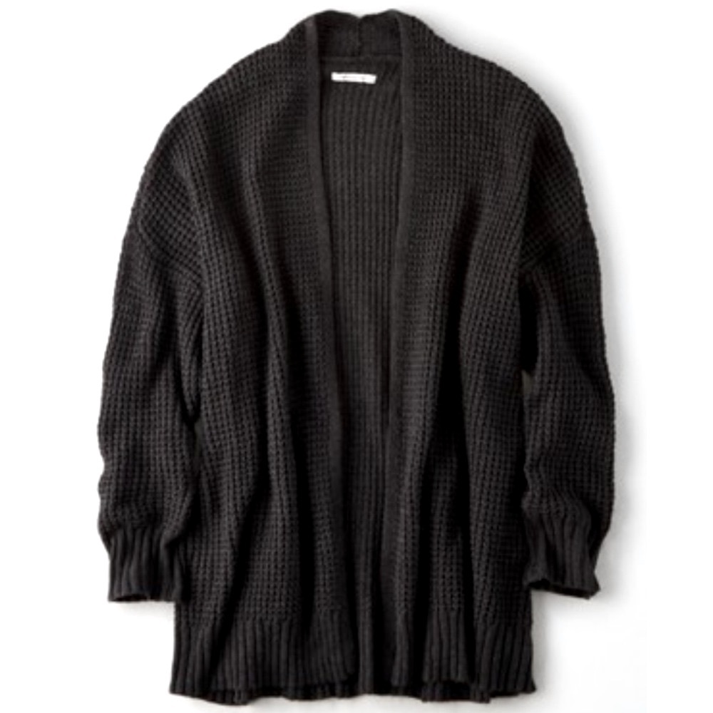 AE Long Waffle Knit Sweater Cardigan Charcoal Black L/XL